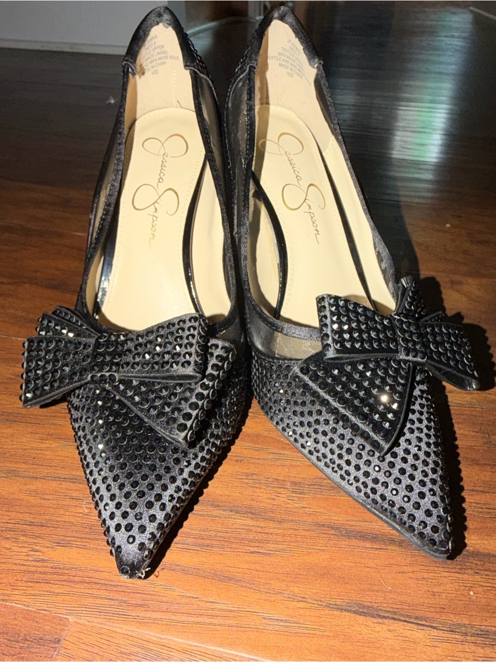Jessica Simpson Black Pointed-Toe Embellished Bow Flats